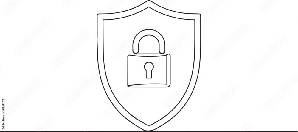 Poster continuous one line drawing of a shield and padlock symbolizing security and protection on a white b