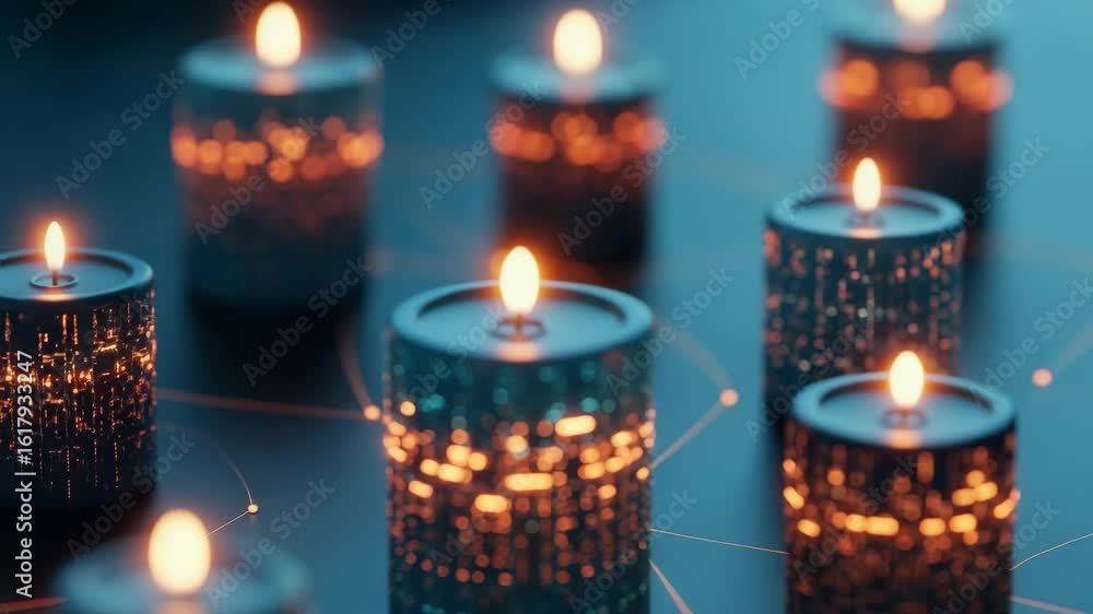 Poster a serene arrangement of glowing candles on a dark surface casting warm light and creating a tranquil