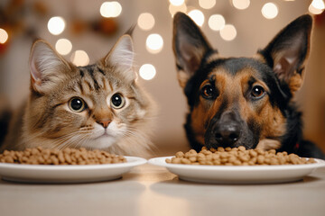 Cat and German Shepherd Sitting Together at Table with Food
