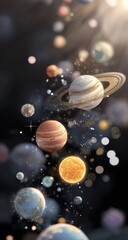 Vibrant planets float in a dark, sparkly cosmos