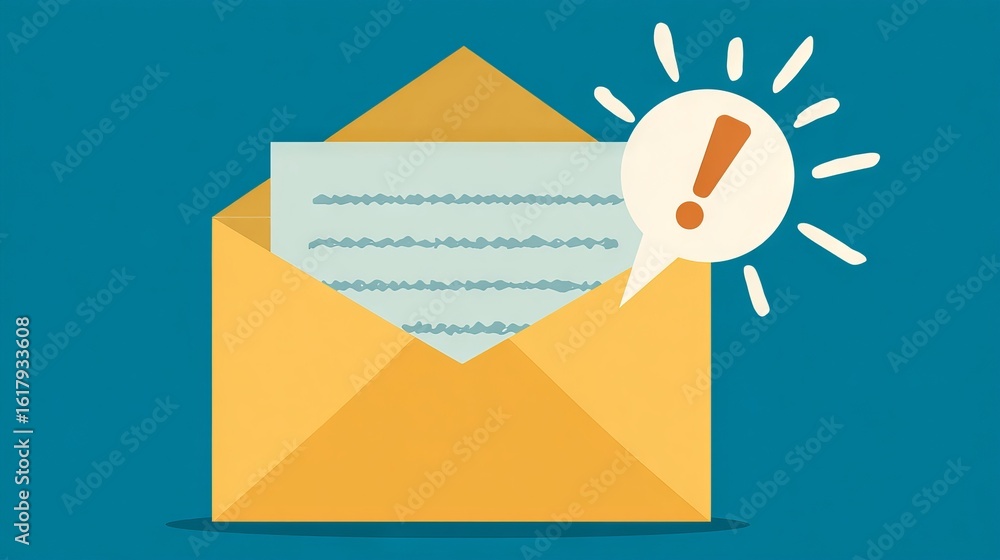 Poster yellow envelope with a letter inside, featuring an exclamation mark notification bubble, symbolizing