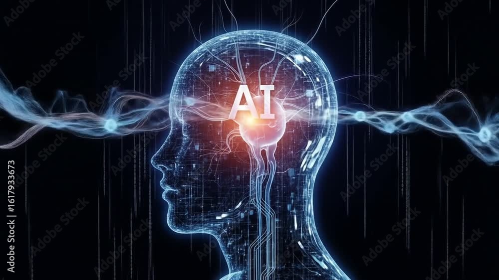 Poster a translucent ai-powered brain emits energy waves, symbolizing artificial intelligence's cognitive p