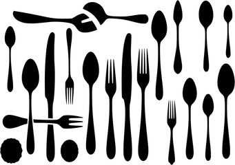 Black and white silhouettes of various cutlery.
