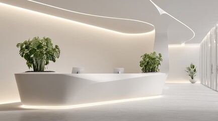 Sleek, minimalist reception area with a curved white desk, illuminated by subtle LED strip lighting, features potted plants adding a touch of nature to the contemporary space