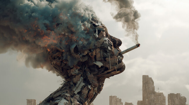 Apocalyptic surreal artwork of a giant, person-like figure composed of decaying urban debris and trash smoking, with black smoke billowing from their head, symbolizing environmental pollution and deca