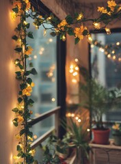 Warm fairy lights drape ivy garland by window