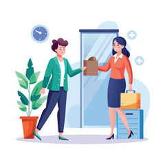 Female manager onboarding new employee, workplace training, HR introduction, corporate teamwork, professional guidance, employee orientation, business leadership vector illustration.