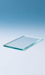 A clear rectangular sheet of float glass with a characteristic green edge, isolated on a blue and white gradient background.