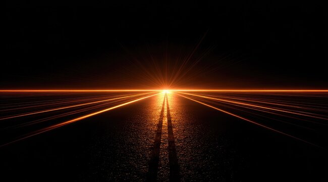 A dark, expansive landscape features a radiant, low-lying sun casting a bright orange glow along a long, straight road disappearing into the horizon