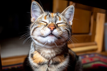 Happy Tabby Cat Smiling in Cozy Room
