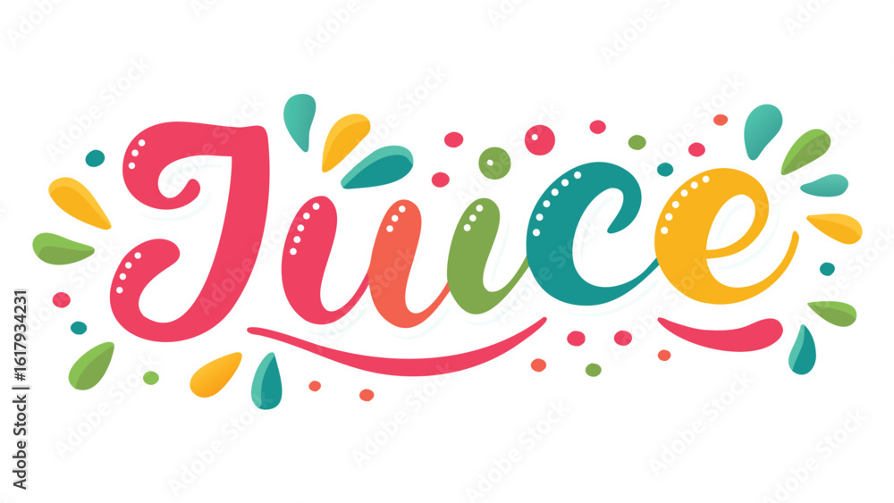 Poster colorful juice lettering with vibrant drops and dots creating a playful and fresh design element