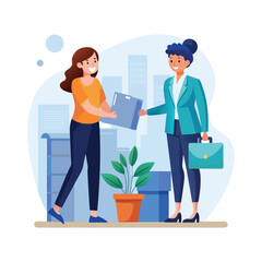 Female manager onboarding new employee, workplace training, HR introduction, corporate teamwork, professional guidance, employee orientation, business leadership vector illustration.