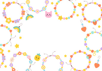 Frame background with Kids jewelry. Plastic beads decorating handmade fashioned elements 90s style jewelry. Friendship bracelets