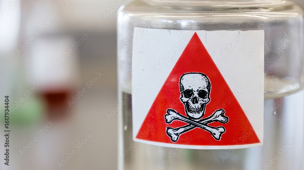 Poster glass container with a hazardous substance warning label featuring a skull and crossbones symbol, in