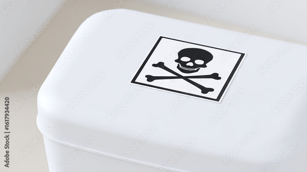 Poster white container with a black skull and crossbones symbol, representing danger and toxicity, placed o