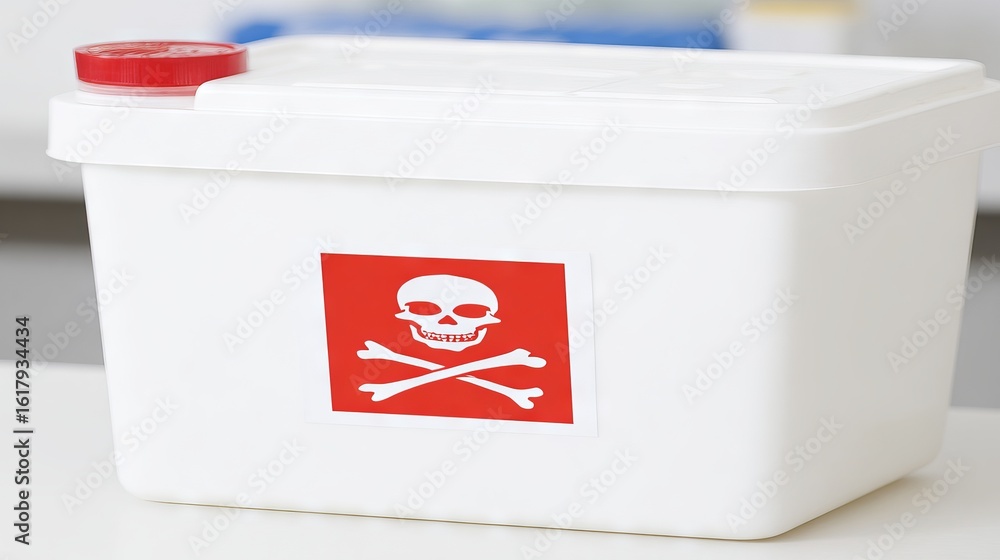 Poster white container with red lid displaying a warning symbol for hazardous materials, emphasizing safety