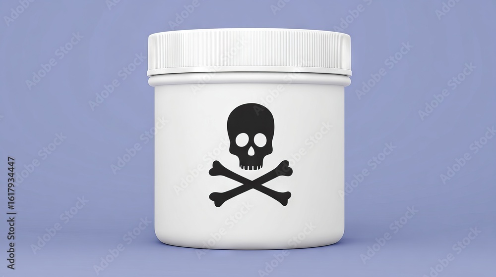 Poster white container with skull and crossbones symbol on a purple background, representing hazardous mate