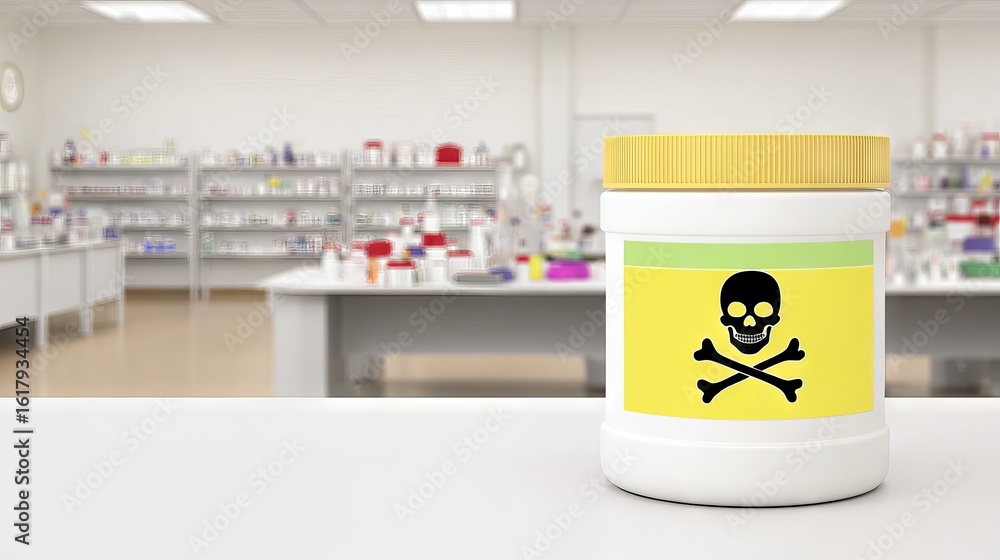 Poster container of hazardous substance with skull and crossbones label, placed on a clean laboratory count