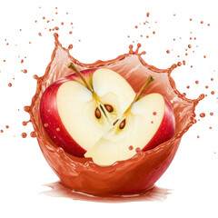 Red apple half splashing in juice isolated on transparent background