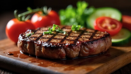 Close-up of a grilled beef steak, served with fresh tomatoes and cucumber slices, showcasing the concept of a delicious meal.
