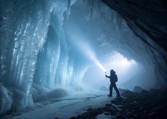 Person exploring icy cave formations