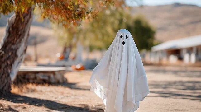 Ghost figure draped in white sheet, playfully wandering through a sunlit outdoor setting, surrounded by trees and rustic structures, evoking a whimsical and spooky atmosphere