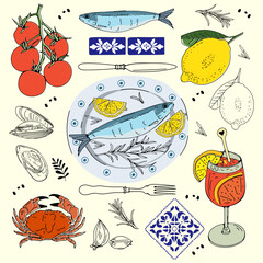 Colorful summer table collection with sardines, tomatoes, Aperol, mussels