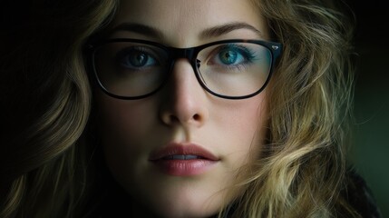 Fototapeta premium Close-up of a woman with blue eyes wearing black glasses, looking directly at the camera