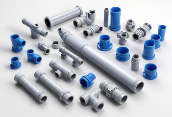 Various plastic pipes and fittings, neatly arranged on a white background.