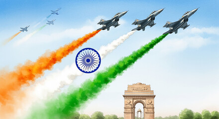 15 august independene day fighter jets, each trailing colorful smoke in the colors of the Indian flag: orange, white, and green. The jets are positioned in a V formation against a clear blue sky. 