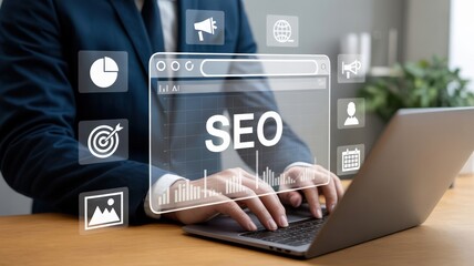Strategic SEO Optimization: A person typing on a laptop with an "SEO" search bar and various marketing icons, illustrating enhanced website visibility and organic traffic growth
