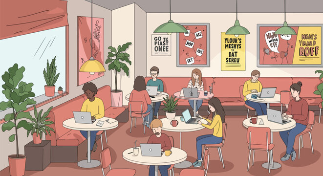 Stylized illustration of people working and socializing in a coffee shop environment