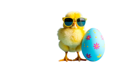Happy Easter concept greeting card – Cool cute yellow chick wearing sunglasses, standing next to a colorful decorated Easter egg, isolated on a png background