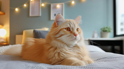 Fluffy Cat Relaxing on Bed in Cozy Room
