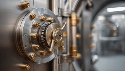 Close-up of a large, heavy steel vault door, showcasing its intricate mechanism and robust construction.  The focus is on the combination lock and surrounding bolts