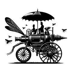 Fototapeta premium Whimsical steampunk vehicle with winged elements and figures under an umbrella