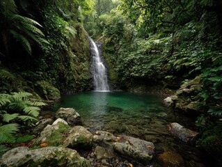 Fototapeta premium Lush jungle waterfall cascading into a serene pool