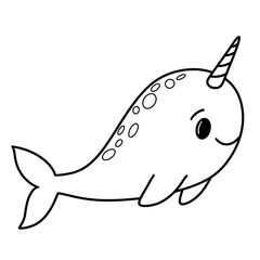 Cute narwhal black doodle outline.