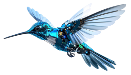 Futuristic robot hummingbird with metallic wings and glowing eyes, hovering mid-air. Detailed cybernetic body with mechanical feathers. Isolated on transparent background, PNG format