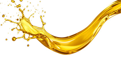 Pouring golden motor oil stream with splash effect, isolated on both white and transparent background. High-resolution PNG format.