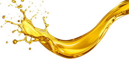 Pouring golden motor oil stream with splash effect, isolated on both white and transparent background. High-resolution PNG format.