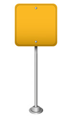 Blank Yellow Road Sign on Metal Pole Isolated on White Background for Customizable Traffic or Safety Message