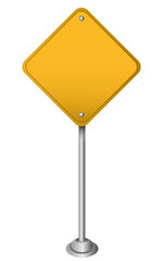 Blank Yellow Diamond Traffic Sign on Metal Pole Isolated on White Background
