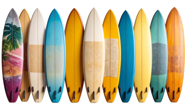 Colorful surfboards of various designs and sizes standing upright and lying flat, featuring tropical patterns and modern shapes. Isolated on transparent background, PNG file, realistic style - Powered by Adobe