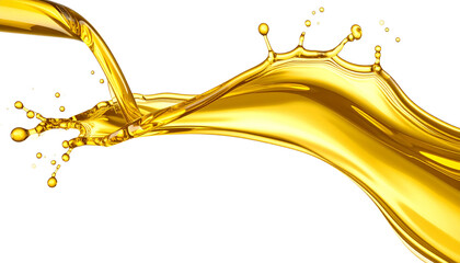 Pouring golden motor oil stream with splash effect, isolated on both white and transparent background. High-resolution PNG format. Realistic texture and fluid motion. Ideal for lubricant or automotive