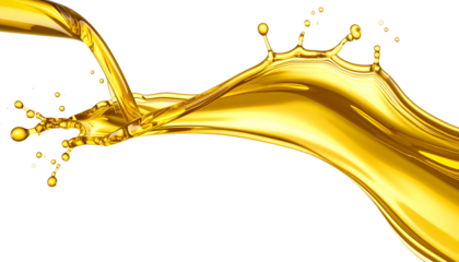 Pouring golden motor oil stream with splash effect, isolated on both white and transparent background. High-resolution PNG format. Realistic texture and fluid motion. Ideal for lubricant or automotive