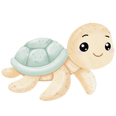 Watercolor Cute turtle. Under the sea.
