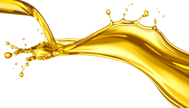 Pouring golden motor oil stream with splash effect, isolated on both white and transparent background. High-resolution PNG format. Realistic texture and fluid motion. Ideal for lubricant or automotive