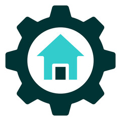 Property Setup Glyph Dual Tone Silhouette Icon Vector Design - House inside a gear, symbolizing housing management, property settings, or smart home setup