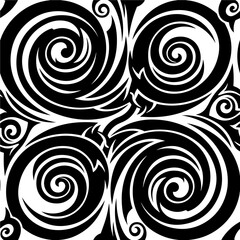 A symmetrical black and white seamless pattern features four large, bold spiral motifs with a dynamic, tribal-style wave design.